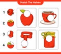 Match the halves. Match halves of Jam, Coffee Cup, Apple, and Scarf. Educational children game, printable worksheet, vector