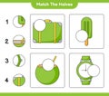 Match the halves. Match halves of Luggage, Ice Cream, Coconut, and Watches. Educational children game