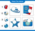 Match the halves. Match halves of Summer Hat, Passport, Camera, and Starfish. Educational children game