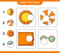 Match the halves. Match halves of Sun, Beach Umbrella, Wallet, and Sunglasses. Educational children game