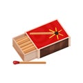 Match near to the box of matches. Vector illustration.