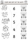 Match the numbers black and white ecological game with garbage, rubbish bins. Zero waste math activity. Eco awareness educational