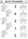 Match the numbers black and white farm game with farmer, apples. Rural country or garden math activity or coloring page. On the Royalty Free Stock Photo