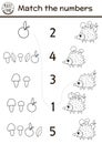 Match the numbers black and white game with funny hedgehog. Forest math outline activity or coloring page with cute forest animal