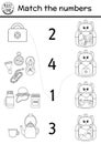 Match the numbers black and white game with kawaii backpack and camping equipment. Summer camp math outline activity with lantern Royalty Free Stock Photo