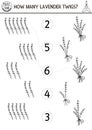 Match the numbers black and white game with lavender bunch. Math activity for kids with traditional French flower. France plant