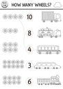 Match the numbers black and white transportation game with vehicles. City transport line math activity for kids. Counting