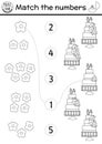 Match the numbers black and white wedding game with cake and flower. Marriage ceremony math activity for preschool kids.