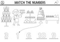 Match the numbers black and white wedding game with waiter and candy bar food. Marriage ceremony math line activity for preschool