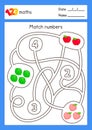 Match the numbers with the counts of fruits maze game in maths subject exercises sheet kawaii doodle vector