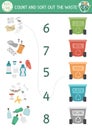 Match the numbers ecological game with garbage, rubbish bins. Zero waste math activity for preschool kids. Eco awareness