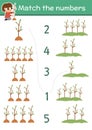 Match the numbers ecological game with girl planting trees. Earth day or garden math activity for preschool kids. Eco awareness