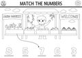 Match the numbers farm black and white game with farm market vendor. Rural country math activity for preschool kids. On the farm