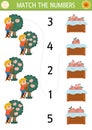 Match the numbers farm game with farmer picking apples. Rural country or garden math activity for preschool kids. On the farm
