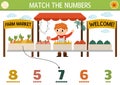 Match the numbers farm game with farm market, vendor, fruit and vegetables. Rural country math activity for preschool kids. On the