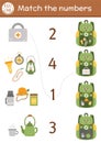 Match the numbers game with kawaii backpack and camping equipment. Summer camp math activity for preschool children with lantern, Royalty Free Stock Photo
