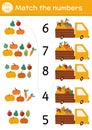 Match the numbers game with van and harvest. Autumn farm math activity for preschool children with cute vegetables and fruit.