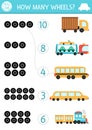 Match the numbers transportation game with vehicles. City transport math activity for preschool kids. Educational counting