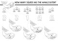 Match the numbers under the sea black and white game with whale eating squid. Ocean life line math activity for kids. Marine
