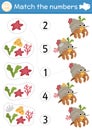 Match the numbers under the sea game with hermit crab and his shell house. Ocean life math activity for preschool kids. Marine Royalty Free Stock Photo
