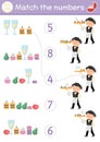 Match the numbers wedding game with waiter and candy bar food. Marriage ceremony math activity for preschool kids. Educational