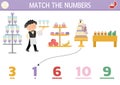 Match the numbers wedding game with waiter and candy bar food. Marriage ceremony math activity for preschool kids. Educational