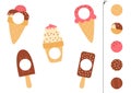 Match parts of the ice creams. Educational logical game.