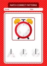 Match pattern game with waker clock. worksheet for preschool kids, kids activity sheet Royalty Free Stock Photo