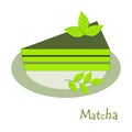 Match. A piece of green matcha cake. Plant for cooking ingredients, baking and tea. Vector illustration