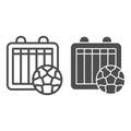 Match results line and solid icon. Soccer or football tournament table sheet and ball symbol, outline style pictogram on