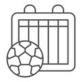 Match results thin line icon. Soccer or football tournament table sheet and ball symbol, outline style pictogram on