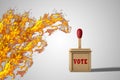 Match-shaped ballot box is near fire demonstrating Election risk. 3D illustration. Royalty Free Stock Photo