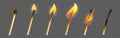 Match stick with fire in different stage of burn