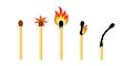 Match stick with fire, ignite flame match, lit sulphur, vector set. Simple illustration