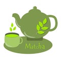 Match. A teapot and a cup of matcha green tea. Tea time. Cooking ingredients, baking and tea. Vector illustration