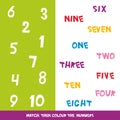 Match then colour the numbers 1 to 10. Kids words learning game, worksheets with simple colorful graphics. children educational Le