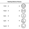 Match the words to pictures coloring page. Learn to read black and white matching game Royalty Free Stock Photo