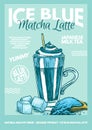 Matcha blue tea poster. Healthy milk latte with ice and powder. Japanese ceremony banner. Engraved hand drawn Vintage