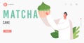 Matcha Cake Landing Page Template. Tiny Male Character Holding Huge Bakery Made of Green Tea Powder. Healthy Pastry