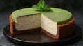 Matcha Cheesecake Sliced on Dark Plate Royalty Free Stock Photo