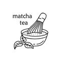 Matcha. Contour cartoon bowl with whisk, tea leaves and text. Doodle antioxidant drink. Outline illustration of Japanese powder