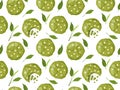 Matcha coookies seamless pattern. Homemade vegan japanese green tea cookies, baked pastries, tea leaves. Vector flat