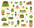 Matcha desserts. Japanese matcha powder products, mochi, ice cream, cake, macarons and pudding, matcha sweets and pastry