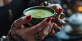 Matcha Elegance: Tattooed Fingers, Rings, and Red Nails Frame a Cup of Nutrient-Packed Latte, Creating a Modern