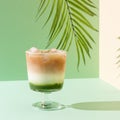 Matcha espresso. Trendy summer coffee drink with spirulina. Green tea coffee, matcha green tea with milk and coffee. Colorful