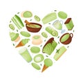 Matcha Food and Drink Heart Shape Composition Design with Tasty Dessert Vector Template