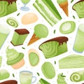 Matcha Food and Drink Seamless Pattern Design with Tasty Dessert Vector Template