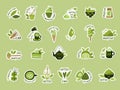 Matcha food. Sticky badges with pictures of asian matcha product beverage food recent vector cartoon illustrations