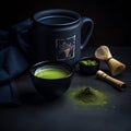 Matcha green tea on a black background, close-up, healthy foods, drinks,