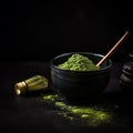 Matcha green tea on a black background, close-up, healthy foods, drinks,